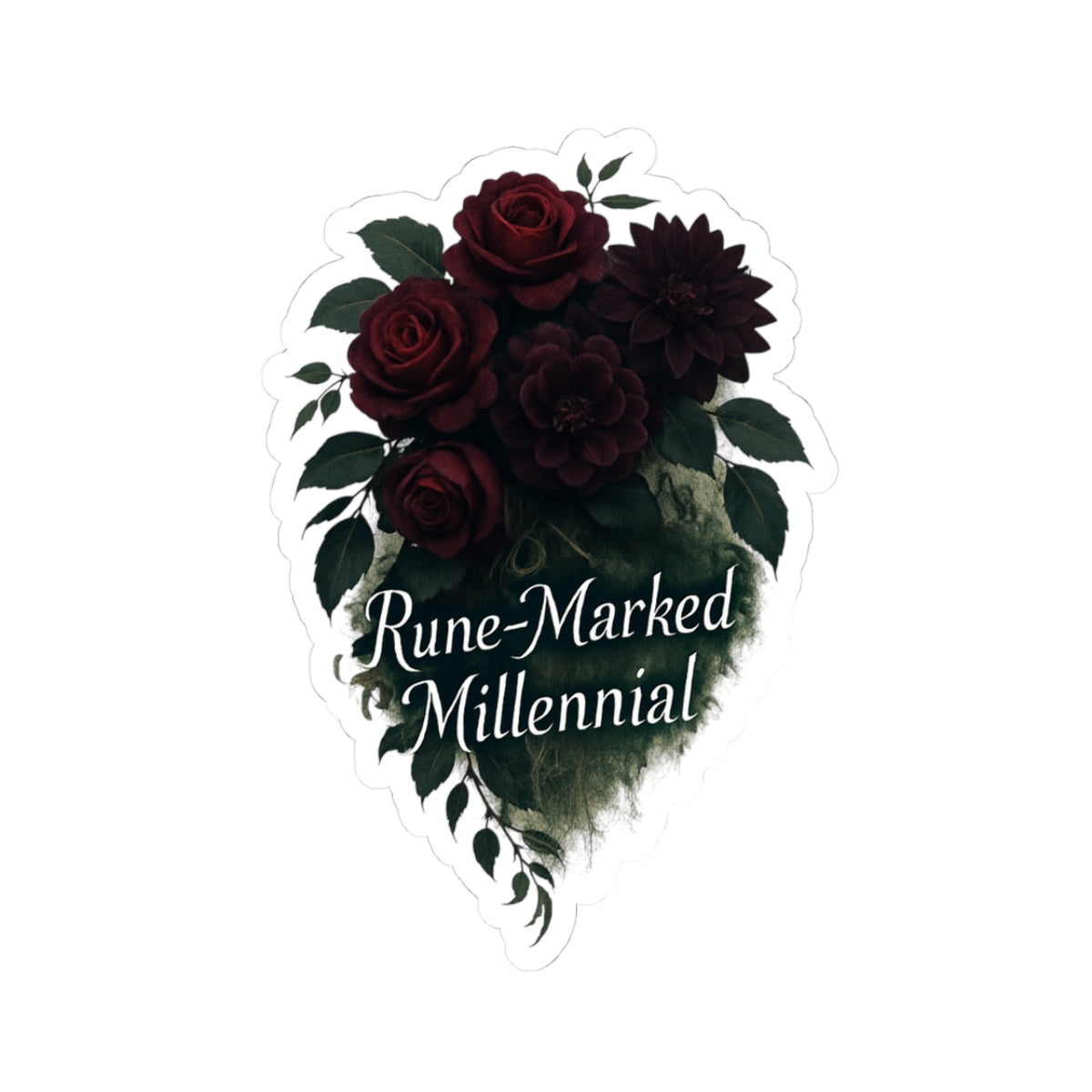 Rune-Marked Millennial Floral Sticker — Dark Rose Kiss-Cut Laptop Decal