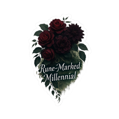 Rune-Marked Millennial Floral Sticker — Dark Rose Kiss-Cut Laptop Decal