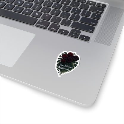 Rune-Marked Millennial Floral Sticker — Dark Rose Kiss-Cut Laptop Decal