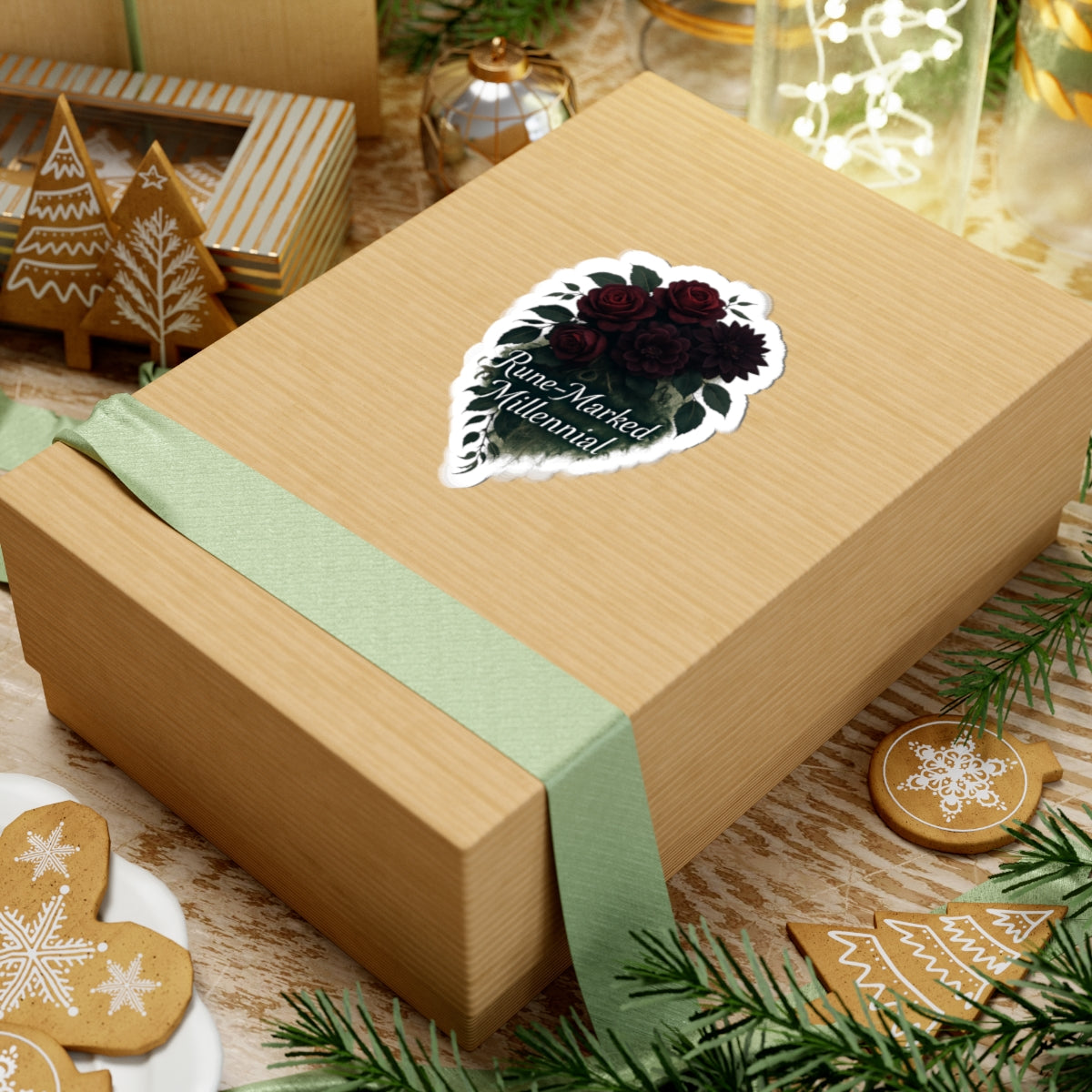 Rune-Marked Millennial Floral Sticker — Dark Rose Kiss-Cut Laptop Decal