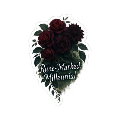 Rune-Marked Millennial Floral Sticker — Dark Rose Kiss-Cut Laptop Decal