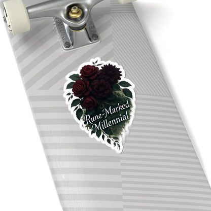 Rune-Marked Millennial Floral Sticker — Dark Rose Kiss-Cut Laptop Decal