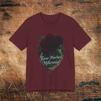 Rune-Marked Millennial Tee — Dark Floral Heart Graphic T‑Shirt