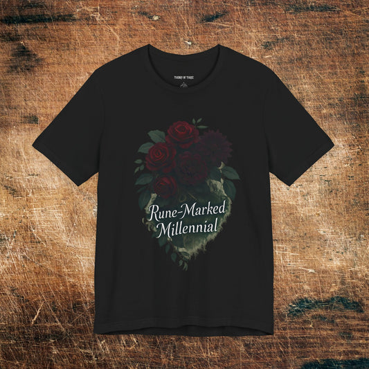 Rune-Marked Millennial Tee — Dark Floral Heart Graphic T‑Shirt