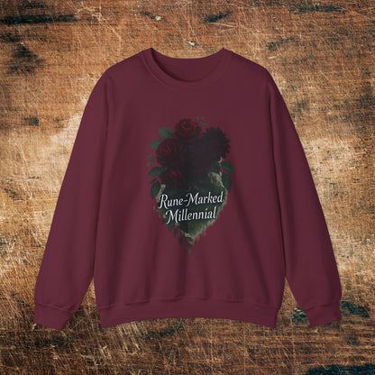 Floral Heart 'Rune-Marked Millennial' Graphic -Crewneck Sweatshirt