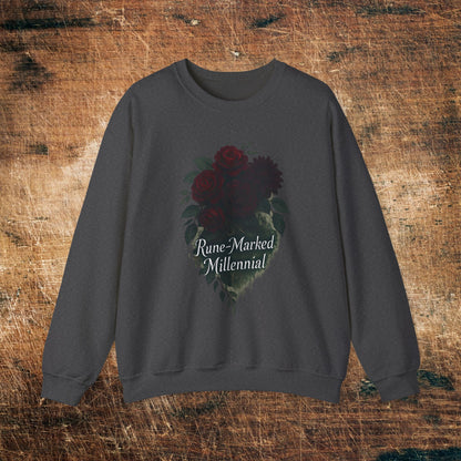 Floral Heart 'Rune-Marked Millennial' Graphic -Crewneck Sweatshirt