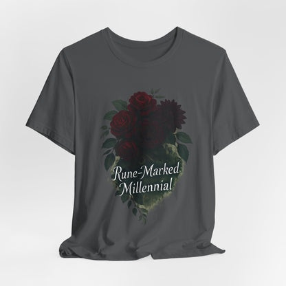 Rune-Marked Millennial Tee — Dark Floral Heart Graphic T‑Shirt