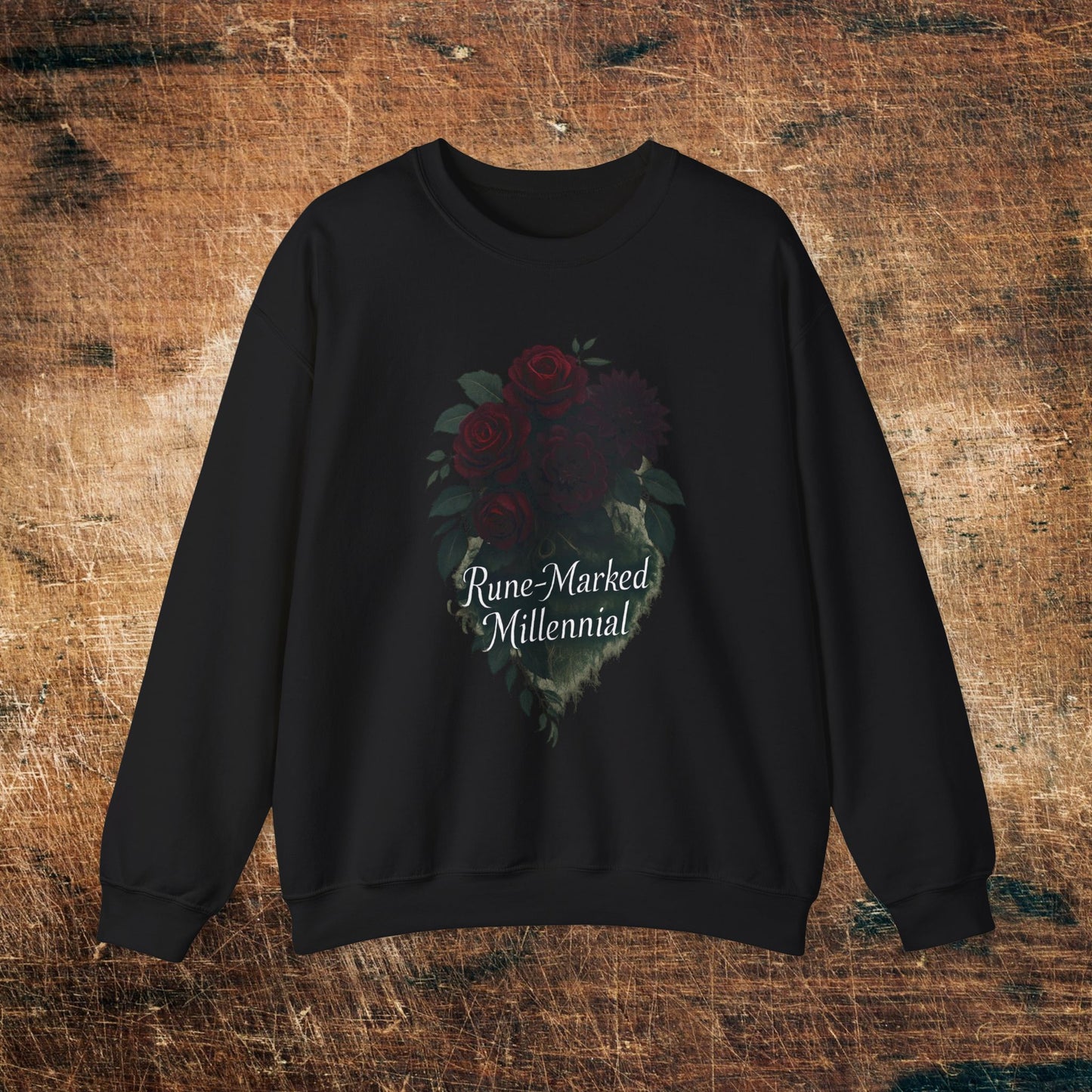 Floral Heart 'Rune-Marked Millennial' Graphic -Crewneck Sweatshirt
