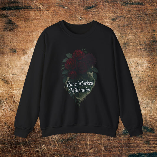 Floral Heart 'Rune-Marked Millennial' Graphic -Crewneck Sweatshirt