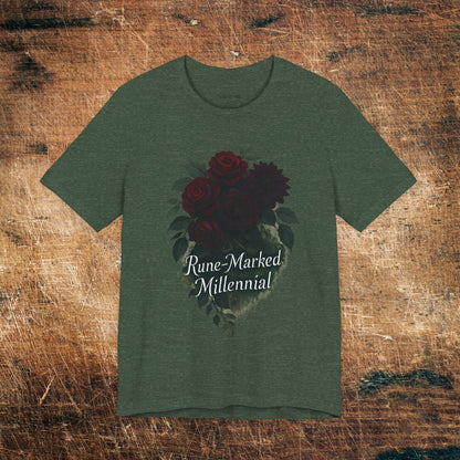 Rune-Marked Millennial Tee — Dark Floral Heart Graphic T‑Shirt