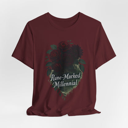 Rune-Marked Millennial Tee — Dark Floral Heart Graphic T‑Shirt